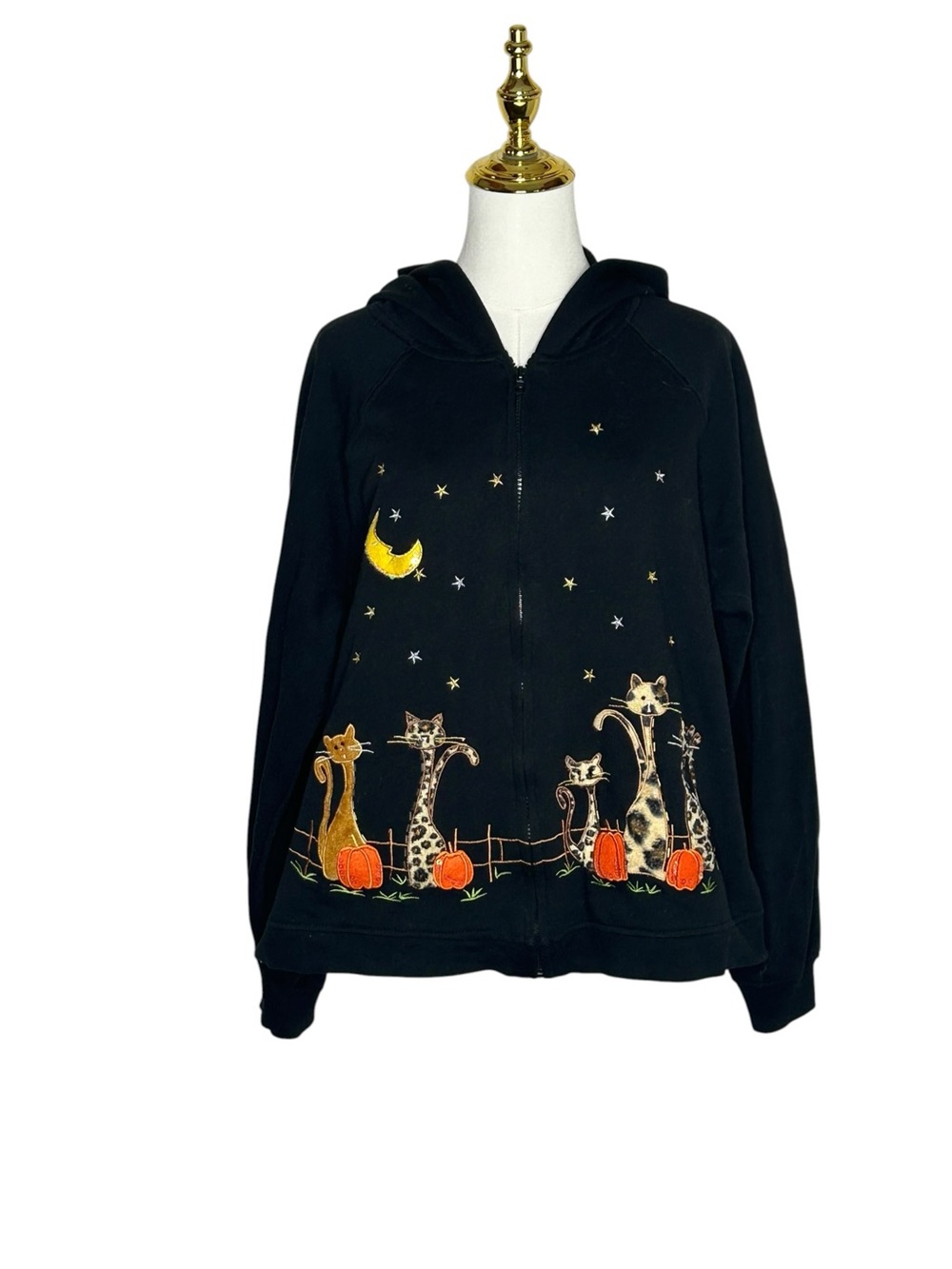 Vintage Fall Halloween Hooded Zip Jacket Cat & Pumpkin Teachercore Sz XXL 90s